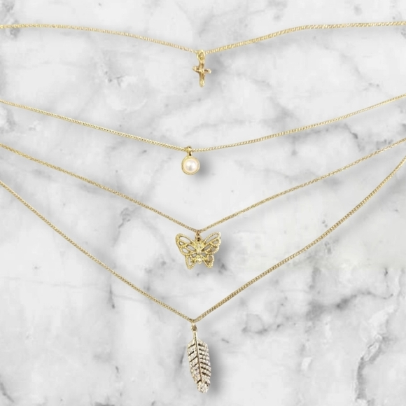 Golden‎ Layered Necklace Set Cross Pearl Butterfly Feather Charm Pendant Fashion - Picture 1 of 7